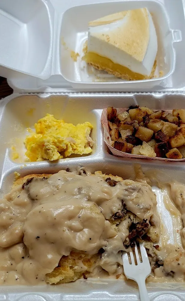 Sausage and Gravy Biscuits Scrambled Eggs with Cheese Home Fries Lemon Meringue Pie